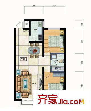 萬(wàn)都國(guó)際4#樓標(biāo)準(zhǔn)層E戶型 2室2廳1衛(wèi)1廚
