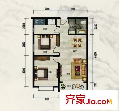 左岸景林二期長虹苑5、6、16號(hào)樓標(biāo)準(zhǔn)層A1-1戶型 2室2廳1衛(wèi)1廚