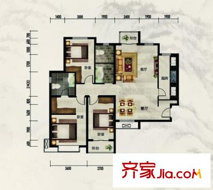 左岸景林二期長虹苑1、2、3號(hào)樓標(biāo)準(zhǔn)層B1-2戶型 3室2廳2衛(wèi)1廚