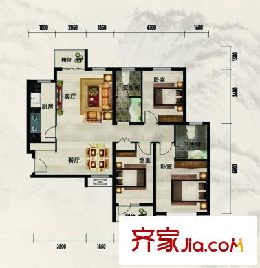 左岸景林二期長虹苑5、6、9、16號(hào)樓標(biāo)準(zhǔn)層A1-3戶型 3室2廳2衛(wèi)1廚