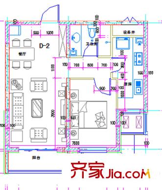 盛安金景2號樓D-2戶型 1室2廳1衛(wèi)1廚