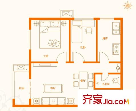 榮域103號樓 C-1戶型 2室2廳1衛(wèi)1廚