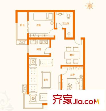 榮域103號樓 C-2戶型 2室2廳1衛(wèi)1廚