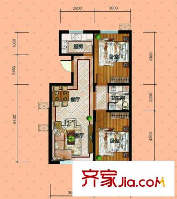 七星印象1#住宅樓標準層C戶型 2室2廳1衛(wèi)1廚