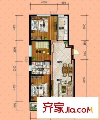七星印象1#住宅樓標準層A戶型 3室2廳1衛(wèi)1廚