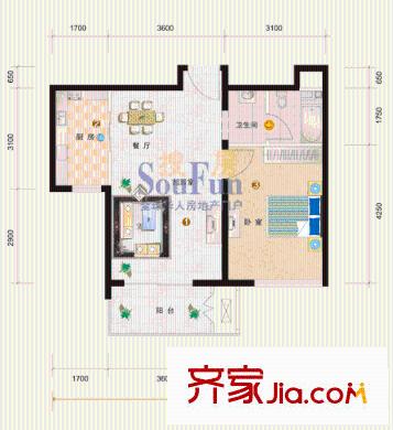 鼎盛新城8號(hào)樓D2戶型 1室2廳1衛(wèi)1廚