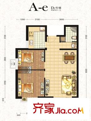 南湖金地D2#樓標準層A-e戶型 2室2廳1衛(wèi)1廚