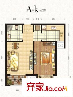 南湖金地D1#樓標準層A-k戶型 1室2廳1衛(wèi)1廚