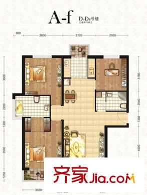 南湖金地D4#、D8#樓標準層A-f戶型 3室2廳2衛(wèi)1廚