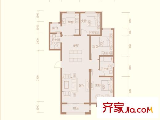 紫金御苑1#樓標準層A3-c戶型 3室2廳2衛(wèi)1廚