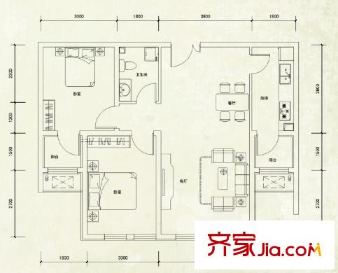鼎旺大觀22號(hào)樓B3戶(hù)型88平米 2室2廳1衛(wèi)1廚