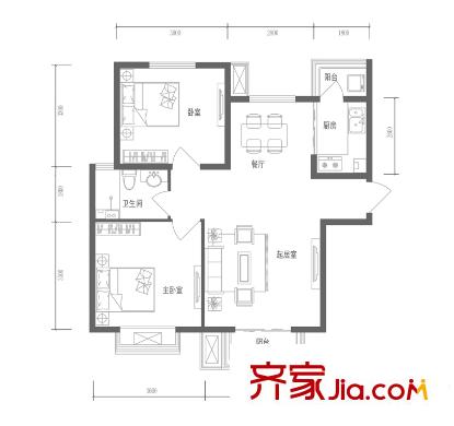 浩友鳳凰城105#B''戶型 2室2廳1衛(wèi)1廚