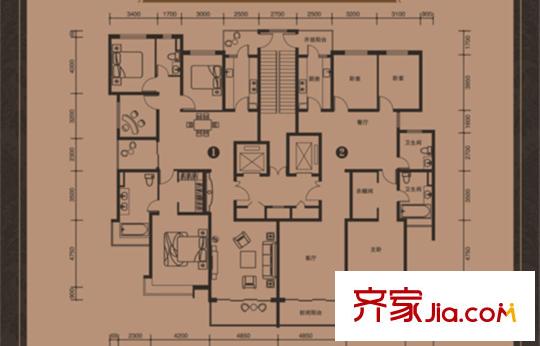 唐山恒大華府2號樓標準層2-1戶型 4室3廳2衛(wèi)1廚