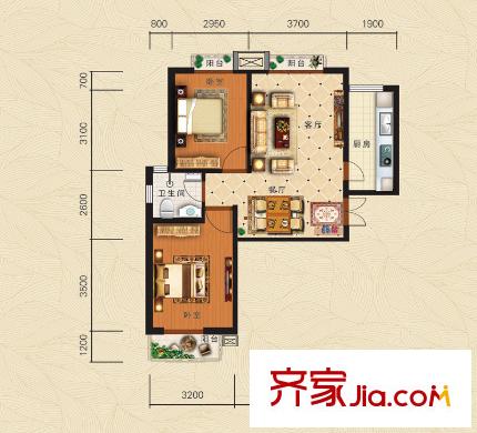 龍澤國際1#2#6#10#11#樓標(biāo)準層C-1戶型 2室1廳1衛(wèi)1廚