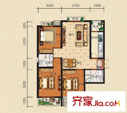 龍澤國際3#5#7#9#樓標(biāo)準層E-1戶型 3室2廳2衛(wèi)1廚