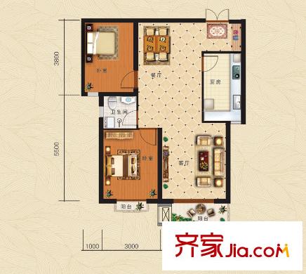 龍澤國際8#12#樓標(biāo)準層A-2戶型 2室2廳1衛(wèi)1廚