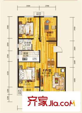 華北家園3、4號(hào)樓標(biāo)準(zhǔn)層F戶型 3室2廳1衛(wèi)1廚