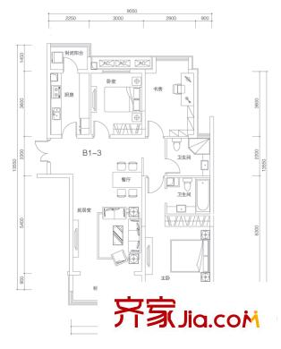 唐山雅頌居13#樓標準層B1-3戶型 3室2廳2衛(wèi)1廚