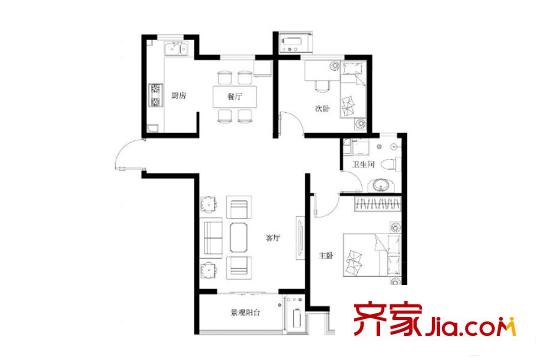 津西東湖灣c4號樓c戶型 2室2廳1衛(wèi)1廚