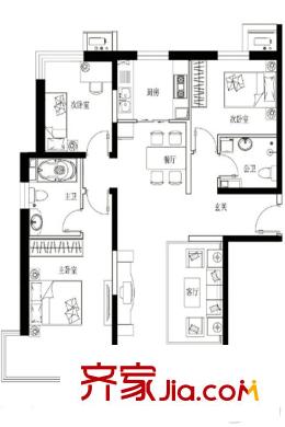 津西東湖灣c1號樓a戶型 3室2廳2衛(wèi)1廚
