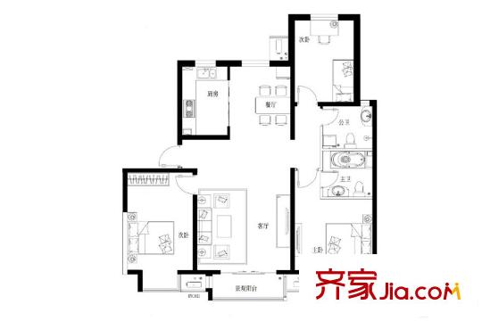 津西東湖灣c3號樓b戶型 3室2廳2衛(wèi)1廚