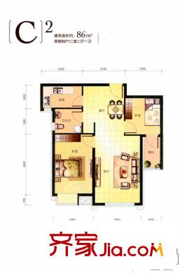 水岸東方一期6#樓標(biāo)準(zhǔn)層C2戶型 2室2廳1衛(wèi)1廚