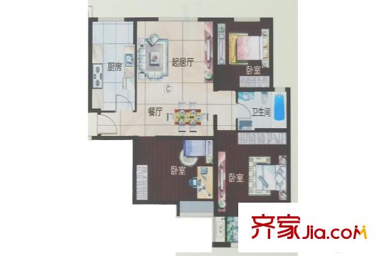依水名園1號樓C戶型 3室2廳1衛(wèi)1廚