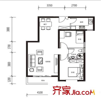 唐門一品 觀瀾222、223#樓標準層B戶型 2室1廳1衛(wèi)1廚