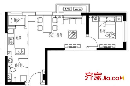 唐門一品 觀瀾223#樓標準層55.49戶型 1室2廳1衛(wèi)1廚