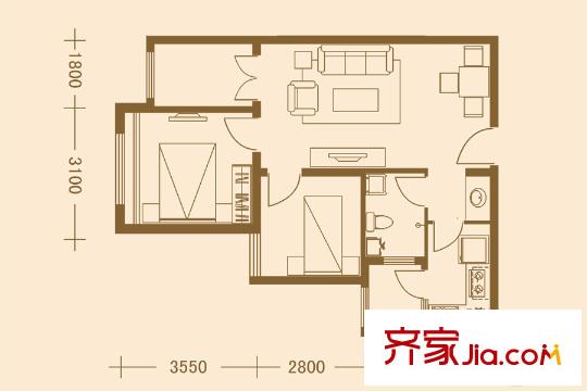 鳳城國貿北區(qū)6#2戶型 2室2廳1衛(wèi)1廚