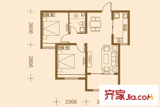 鳳城國貿北區(qū)5#A2戶型 2室2廳1衛(wèi)1廚