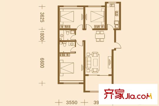 鳳城國貿北區(qū)5#B1戶型 3室2廳2衛(wèi)1廚