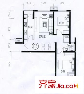 寶龍花苑B座標(biāo)準(zhǔn)層B5戶(hù)型 2室2廳1衛(wèi)1廚