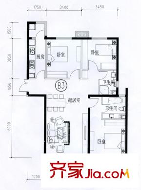 寶龍花苑B座標(biāo)準(zhǔn)層B3戶(hù)型 3室1廳2衛(wèi)1廚