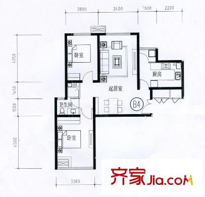 寶龍花苑B座標(biāo)準(zhǔn)層B4戶(hù)型 2室2廳1衛(wèi)1廚