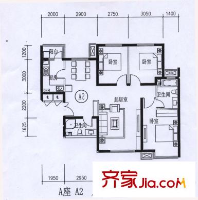 寶龍花苑A座標(biāo)準(zhǔn)層A2戶(hù)型 3室2廳2衛(wèi)1廚