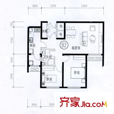 寶龍花苑B座標(biāo)準(zhǔn)層B2戶(hù)型 2室1廳1衛(wèi)1廚