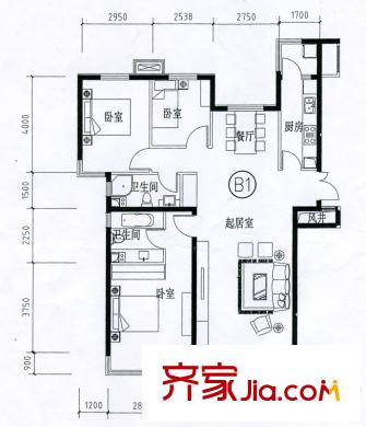 寶龍花苑B座標(biāo)準(zhǔn)層B1戶(hù)型 3室2廳2衛(wèi)1廚