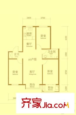 麗景盛園二期4-9棟樓標(biāo)準(zhǔn)層A3戶型 3室2廳1衛(wèi)1廚