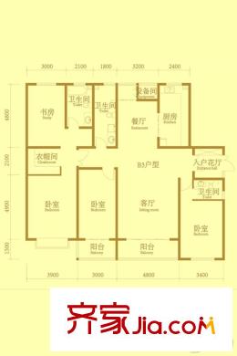 麗景盛園二期4-9棟樓標(biāo)準(zhǔn)層B3戶型 4室2廳3衛(wèi)1廚