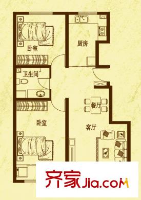麗景盛園一期1、2、3號(hào)樓B戶型 2室2廳1衛(wèi)1廚