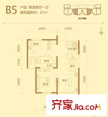 茂華唐山中心201#樓標(biāo)準(zhǔn)層B5戶型 2室2廳1衛(wèi)1廚