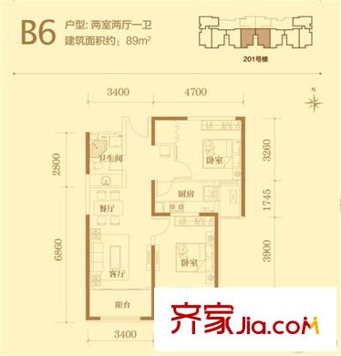 茂華唐山中心201#樓標(biāo)準(zhǔn)層B6_戶型 2室2廳1衛(wèi)1廚