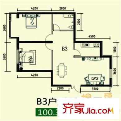 禾木花苑4#樓標(biāo)準(zhǔn)層B3戶型 2室2廳1衛(wèi)1廚