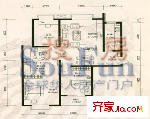 尚座戶型圖三居室 3室2廳2衛(wèi)1廚