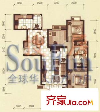 麗景琴園戶型圖T/W座C戶型 3室2廳2衛(wèi)1廚