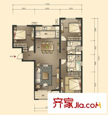萬科金域華府戶型圖一期華府名宇戶型 3室2廳2衛(wèi)1廚