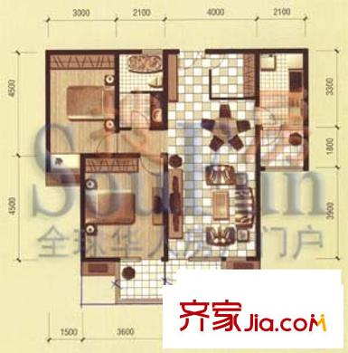 麗景琴園戶型圖T/W座B戶型 2室2廳1衛(wèi)1廚