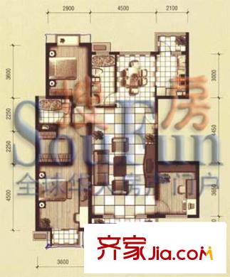 麗景琴園戶型圖T/W座D戶型 3室2廳2衛(wèi)1廚