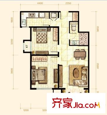 橡樹灣三期25#-28#樓標(biāo)準(zhǔn)層E戶型 2室2廳1衛(wèi)1廚